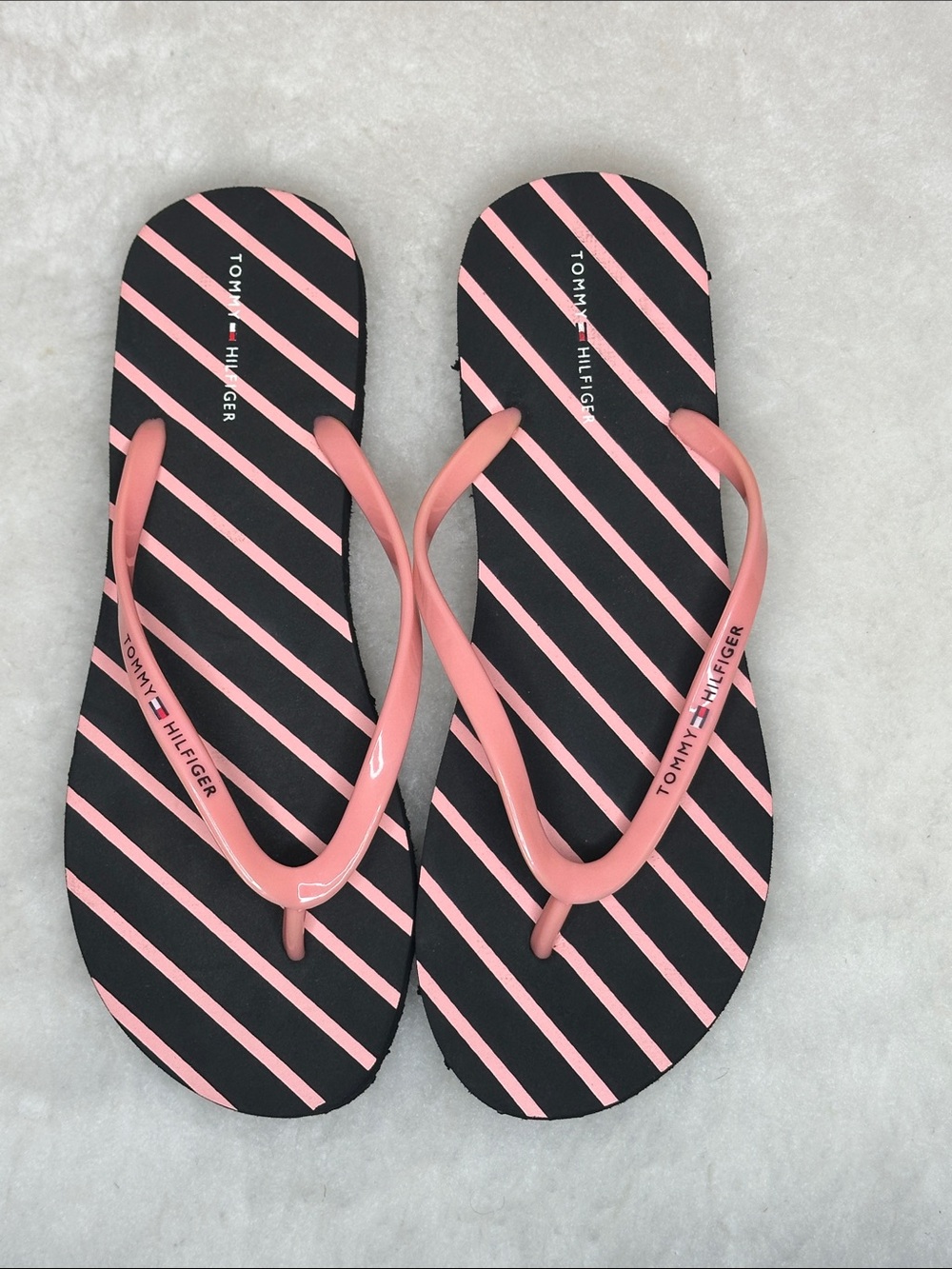 NWOT Tommy Hilfiger Pink & Black Striped Flip Flops - Size 11M